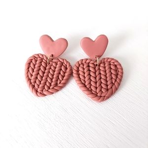 Polymer Clay Knit Heart Dangle Earrings - Blush